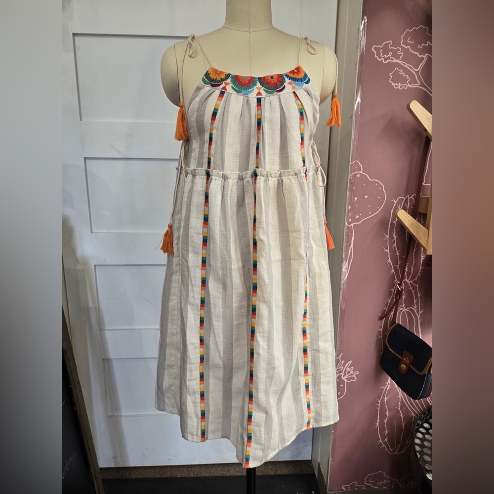 THML Anthropologie embroidered neon tie strap cotton midi sundress small